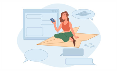 Sending message concept. Young woman sits on paper plane and receives notifications on her smartphone. Female character reads news and subscribes to social networks. Cartoon flat vector illustration