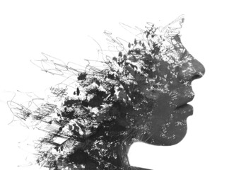 A black and white profile portrait of a woman combined with tangled ink lines and splashes in a paintography technique © DAZOKA.com