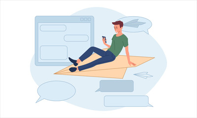 Sending message concept. Young Man sitting and flying on paper plane. Male character reads news and surfs on social networks. Promotion and advertising. Cartoon modern flat vector illustration