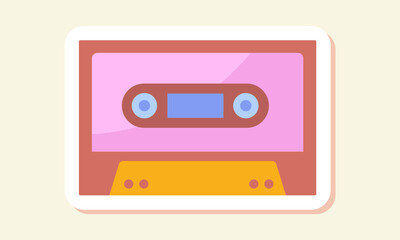 Hippie sticker concept. Colorful icon with cassette. Object for playing music on tape recorder. Design element for social networks, applications and websites. Cartoon modern flat vector illustration