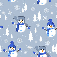 Seamless pattern with snowmen. It is well suited for wrapping paper, children's textiles. Vector