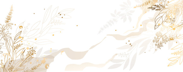 Luxurious golden wallpaper. Banner with flowers. Watercolor blue spots on a white background and divorce. Shiny flowers and twigs. Vector file.