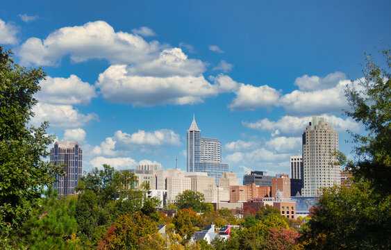A beautiful cloudy city skyline of downtown Raleigh North Carolina.