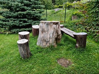Fototapeta premium An impromptu table and benches made from sawn tree trunks on a green lawn