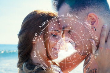 Horoscope astrology zodiac illustration with young couple