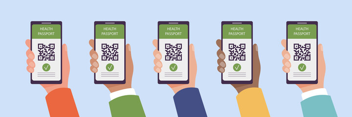 People holding in hands mobile phones showing QR code as pass and proof of vaccination against Covid-19. Coronavirus health passport and vaccine certificate concept. Vector illustration in flat style.