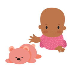 little girl in a pink suit reaches for a toy little girl with a teddy bear