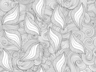 Abstract decorative vector seamless pattern with leaves and curling linear ornament