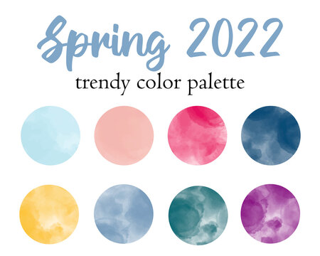 Spring 2022 fashion trendy color palette. Design color trend of winter season. Modern watercolor round textured swatch set. Vector illustration isolated on white background