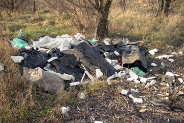 Illegal garbage disposal. A large pile of rubbish in the forest