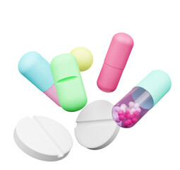 Different multicolored pills and capsules isolatd on white. 3D medical object for design