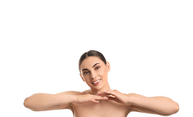 Obraz premium Beautiful smiling woman on white background