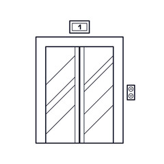Elevator in house, door lift for transportation, line art. Iron cabin for movement of people and cargo. Up and down electricity cebine. Vector line illustration