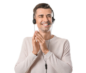 Male consultant of call center in headset on white background