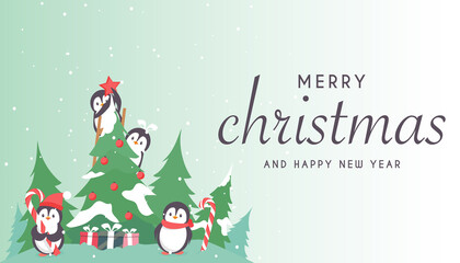 Penguins decorate the Christmas tree. Christmas card with cute penguins. Cute animals for Christmas banners, cards and posters. Vector illustration.