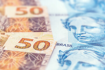 details of real banknote, brazil money, brazilian economy concept or paper money