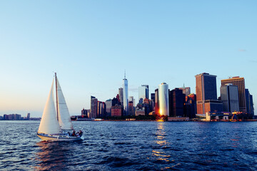 View of the skyline of New York City, New York, USA from the sea on a boat. 