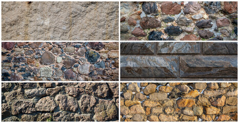 Set of stone wall textures. Weathered rough masonry surfaces. Collection of panoramic backgrounds for design.