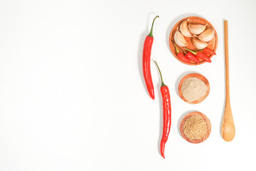 the variety of spices and herbs on a white background. a simple culinary background decorated with condiment recipes with copy space. suitable for social media post or website presentation.