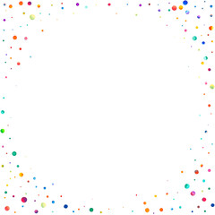 Watercolor confetti on white background. Adorable rainbow colored dots. Happy celebration square colorful bright card. Majestic hand painted confetti.