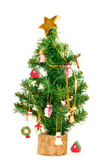 small christmas tree with small christmas ornaments isolated on white background