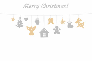 Merry Christmas greetings, vector design with traditional holiday ornaments