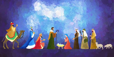 Christmas Nativity scene. Hand drawn background illustration. Vector EPS10.