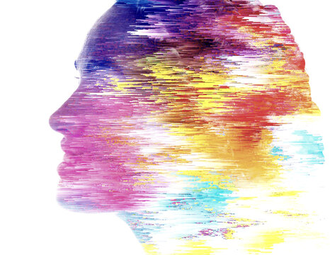 A profile portrait of a woman with colorful visual distortion. Double exposure.