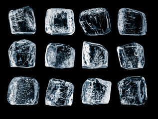 Natural, textured ice cubes with frozen air bubbles on black background.