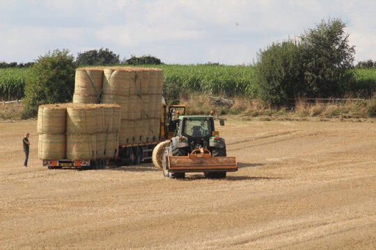 A tractor loading round hay bales on to truck for harvesting in a field near Wakefield West Yorkshire in the UK on a summers day
