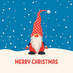 Merry Christmas Postcard. Vector Christmas Cute Gnome with Caps in Flat Style. Design Template for Merry Christmas and Happy New Year Card. Cartoon Kids Character - Funny Gnome