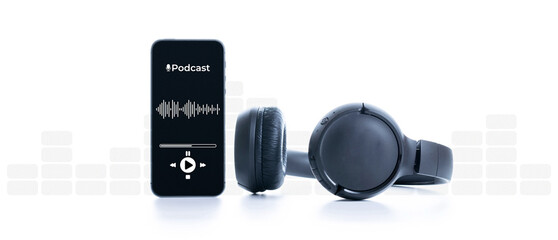 Podcast audio equipment. Audio microphone, sound headphones, podcast application on mobile...