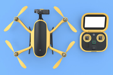 Photo and video drone or quad copter with action camera and remote on blue