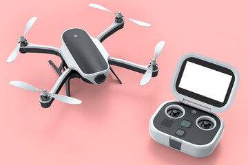 Photo and video drone or quad copter with action camera and remote on pink