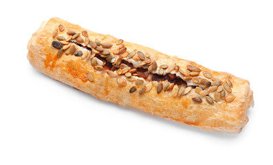 Delicious homemade pumpkin strudel on white background