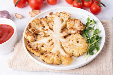 Healthy vegetarian lunch, grilled cauliflower steak.