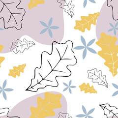 Seamless pattern with autumn oak leaves on yellow background for wallpapers, textiles, papers, fabrics, web pages. Leaf ornament, vintage style.
