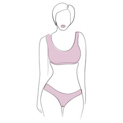 Woman stands dressed in panties and top one line art on white isolated background. Vector illustration
