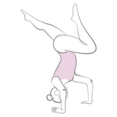 Woman doing yoga, handstand one line art on white isolated background. Vector illustration