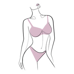 Woman stands dressed in panties and bra, underwear one line art on white isolated background. Vector illustration - obrazy, fototapety, plakaty