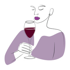 Woman holding a glass of wine in her hand one line art on white isolated background. Vector illustration