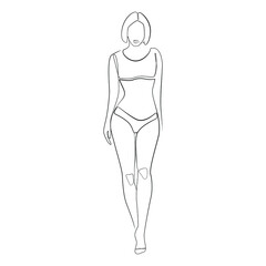Woman standing dressed in underwear one line art on white isolated background. Vector illustration