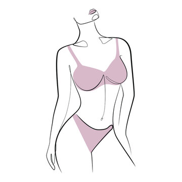 recommend clip art: Woman stands dressed in panties and bra, underwear one line art on white isolated background. Vector illustration