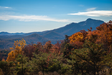 Brilliant fall foliage with Blue Ridge Mountains of South Carolina in distance with negative space for copy
