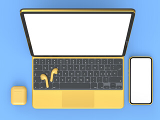 Aluminum laptop with mobile phone headphones on blue background