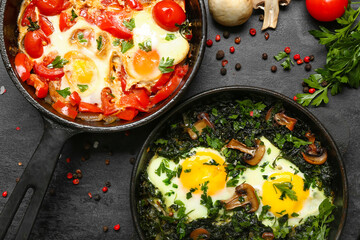 Frying pans with tasty Shakshouka on black background, closeup