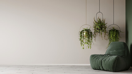 Horizontal view of the waiting area or living room. Lounge zona with hanging flowers and plants. Empty beige and green wall with green soft armchair. Bright room in a minimalistic style. 3d rendering