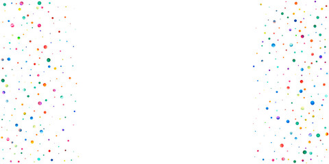 Watercolor confetti on white background. Adorable rainbow colored dots. Happy celebration wide colorful bright card. Alluring hand painted confetti.