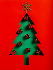 Christmas tree shape made with red gift boxes on vibrant red and green background. Minimal Xmas eve or New Year celebration concept. Elegant winter holidays greeting card. Flat lay.