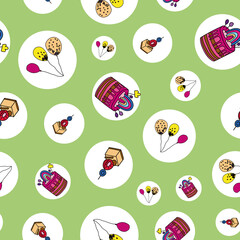 Vector Green Party with cakes and balloons seamless background pattern